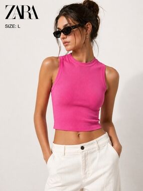 ZARA Hot Pink Ribbed Tank Crop Top Fitted NWOT Women Size L